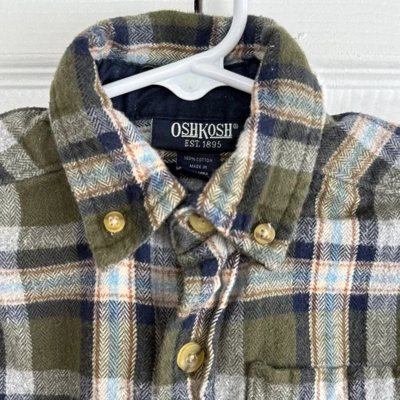 OshKosh B'gosh Kids Plaid Long Sleeve Button Down flannel Shirt Green Blue 4T - Picture 4 of 5